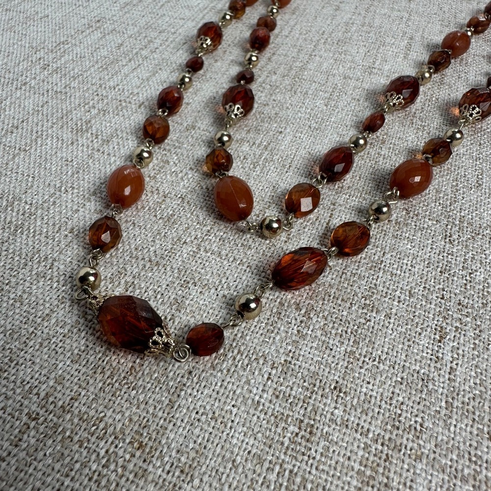 Long Amber Brown Beaded Necklace Glass Acrylic Beads Silver Tone Endless Strand